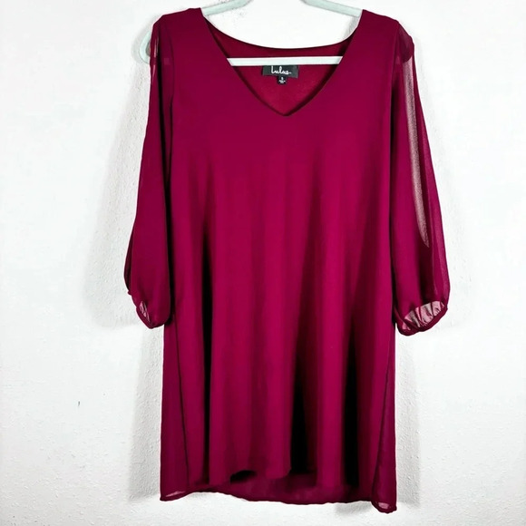 Lulus Shifting Dears Wine Red Long Sleeve Open Shoulder V-neck Dress size S - Picture 5 of 14